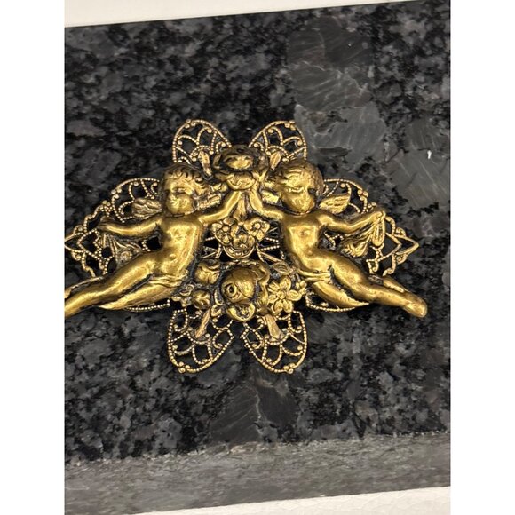 Vintage Gold Tone Cherub Brooch Pin. With Filigree Floral Art Noveau Angels - Picture 7 of 12